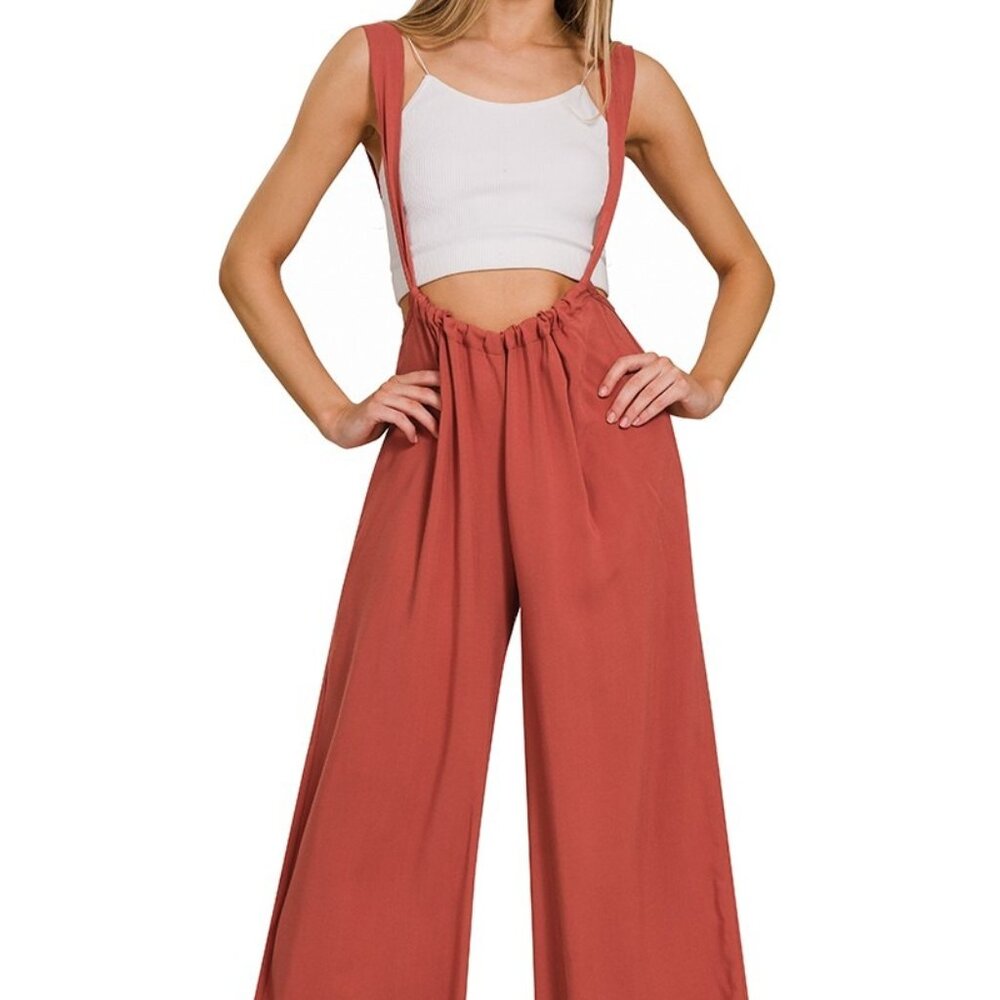 Zenana Summer Woven Tie Back Suspender Jumpsuit Pockets L - SALE